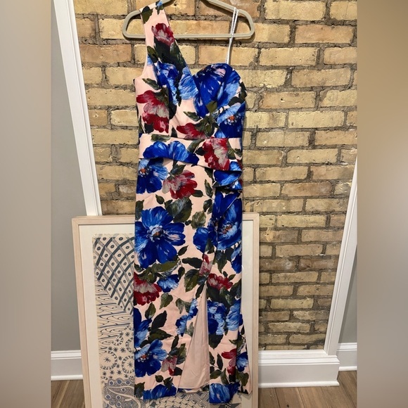 Kay Unger Laurel one shoulder spring floral multi gown - peplum beaded ruffle - Picture 2 of 7